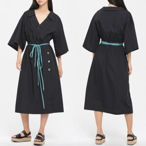 Claudia Li black broadcloth kimono sleeve blue yellow rope tie waist midi dress